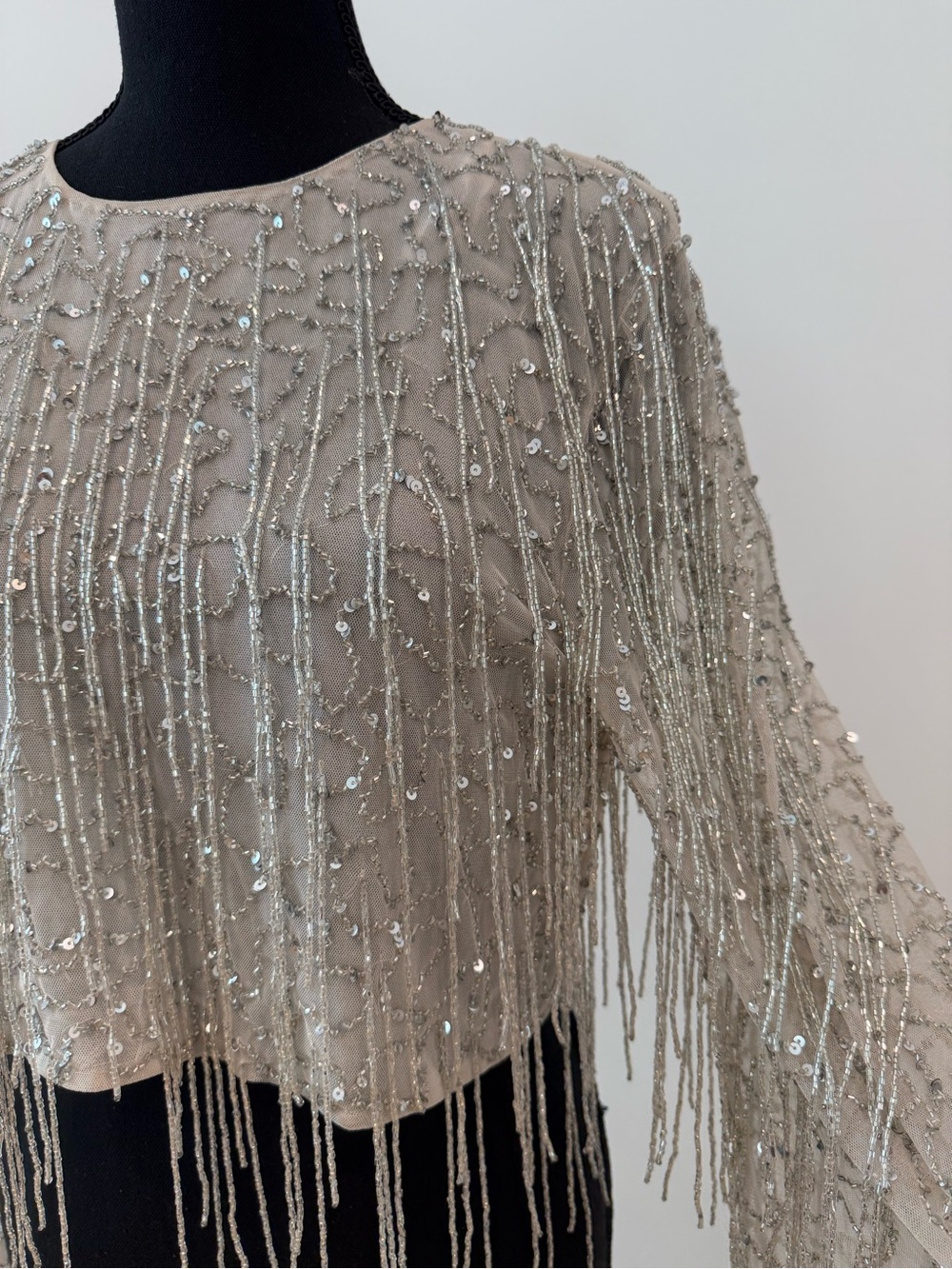 Nasty Gal Silver Beaded Fringe Top | Sequin Embellished Statement Blouse | US 8 - Picture 4 of 5